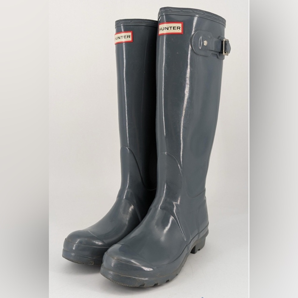 Hunter, Women's Original Gray Blue Waterproof Tall Gloss Rain Boots - Size 6